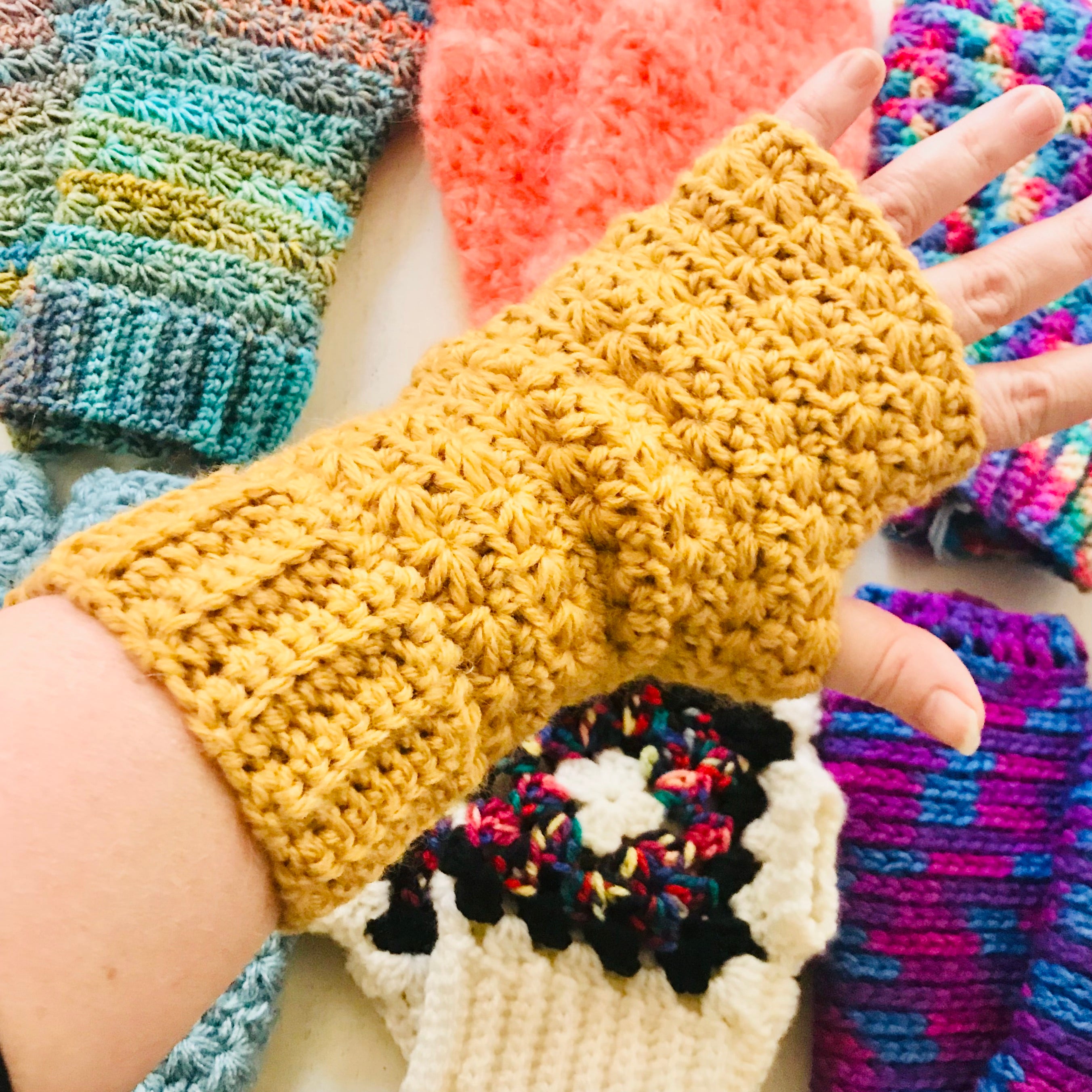 Crochet fingerless gloves various colours Far Fetched Designs