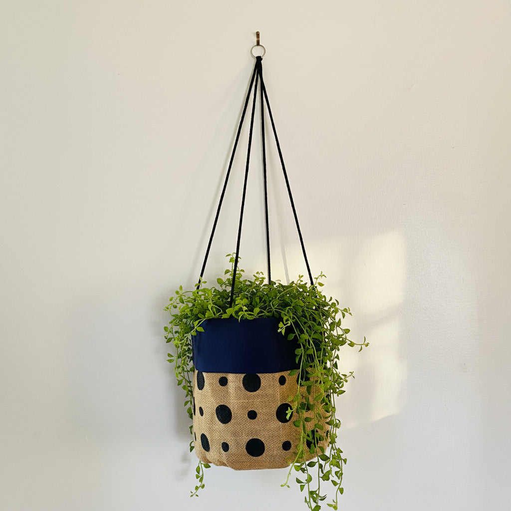 Hanging plant pot with polka dot design on a plain background
