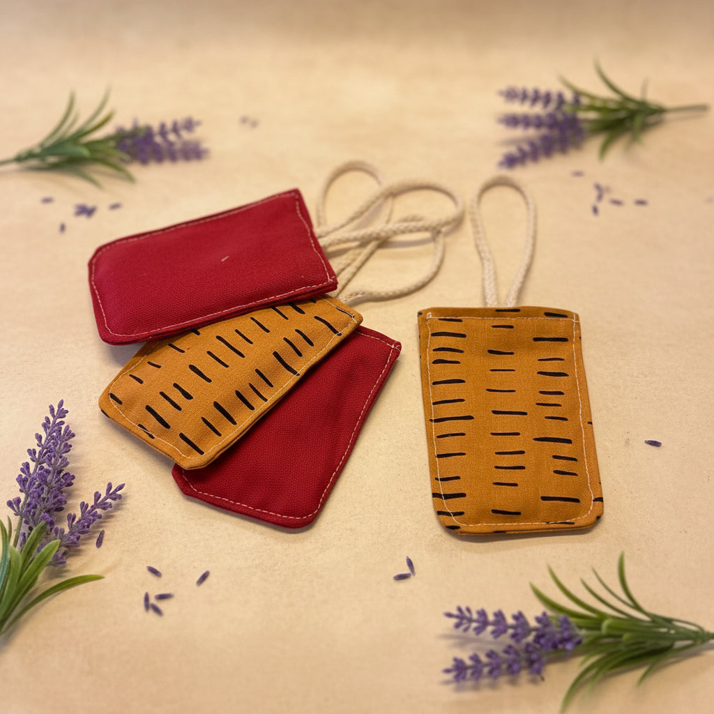 four lavender pouches with a cotton rope strap on each 