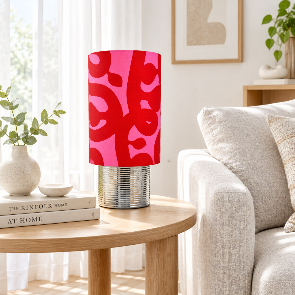 Silver Column Table Lamp with Red & Pink shade
