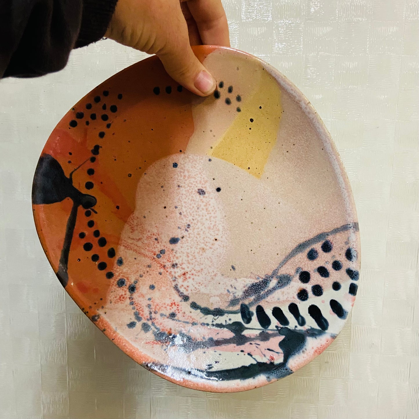 Handcrafted Pottery HSP Plates - Orange, White, yellow with Black Dots