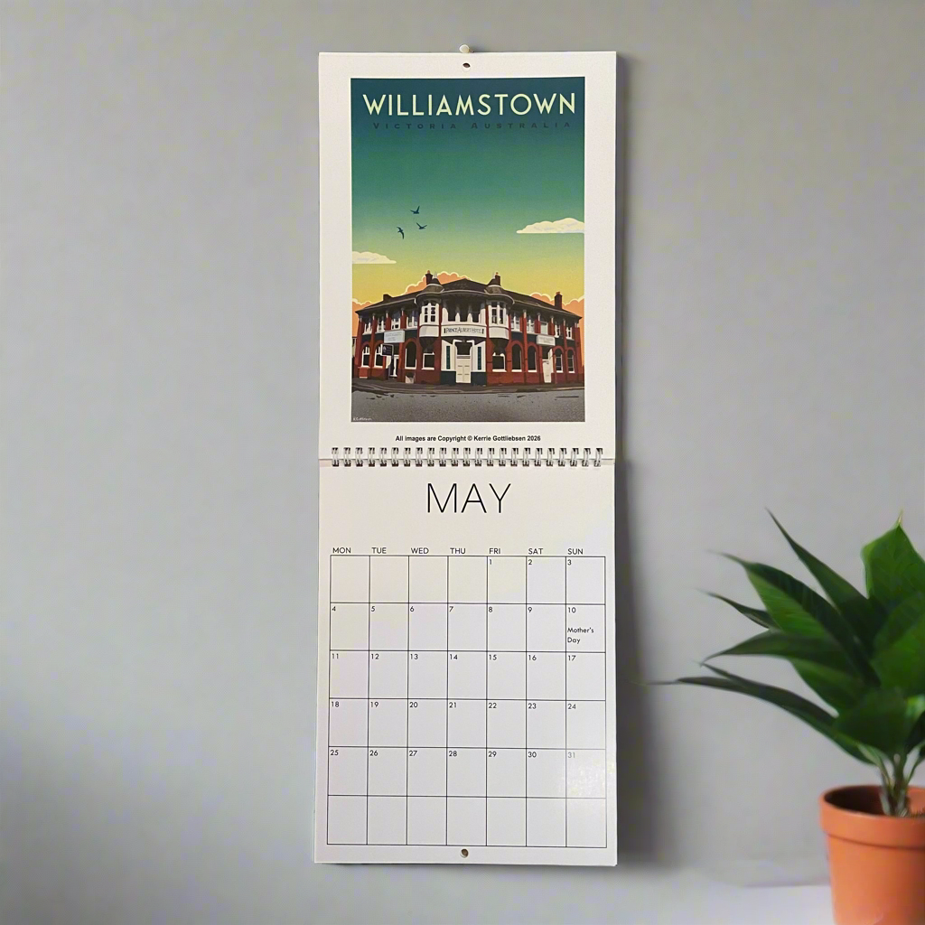 Wall calendar for May with a scenic view of a building and 'Williamstown' text on a light gray background.