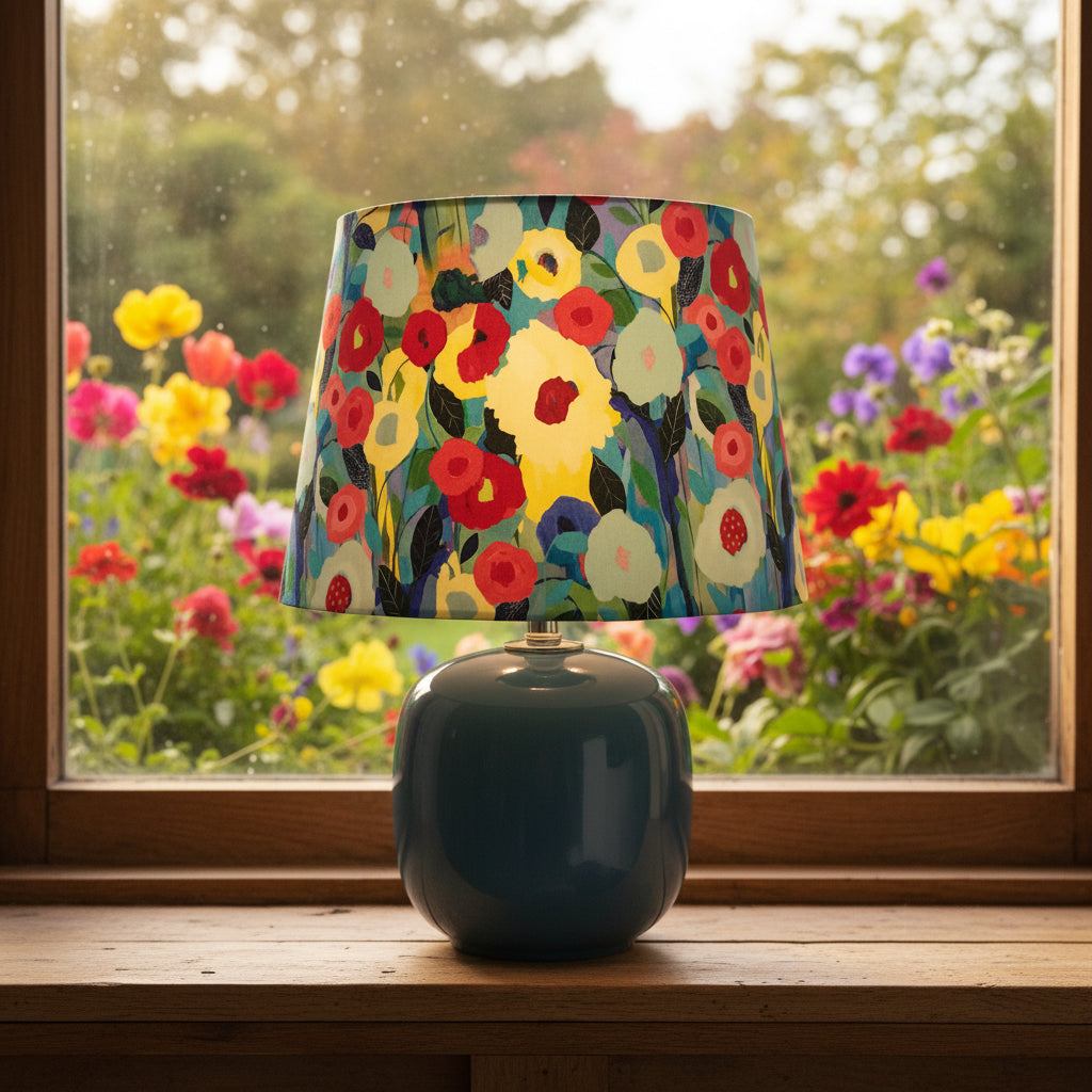Lamp with a colorful floral shade on a windowsill
