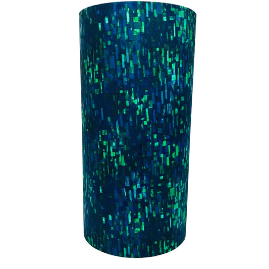 Cylindrical lampshade with blue and green pattern on a white background