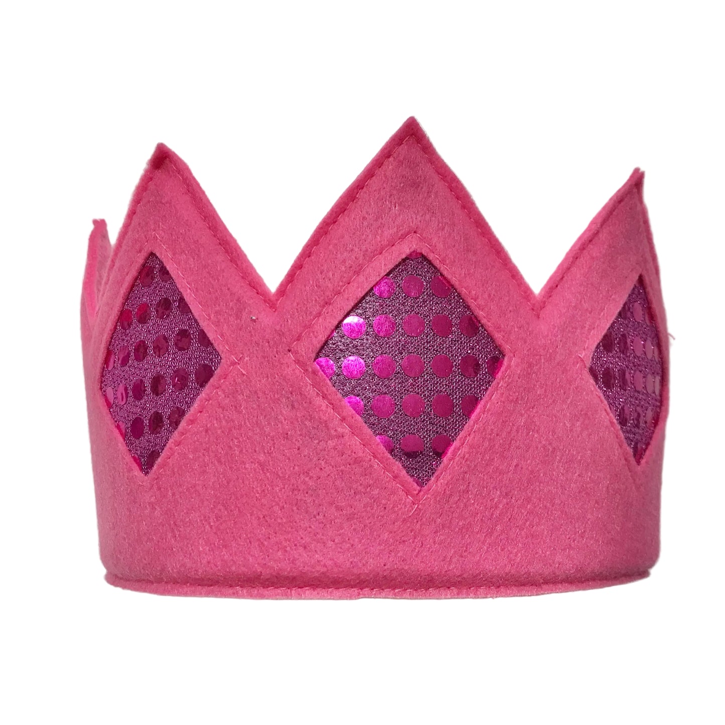 A pink felt crown with diamond-shaped cutouts filled with pink sequins, shown against a plain light background.