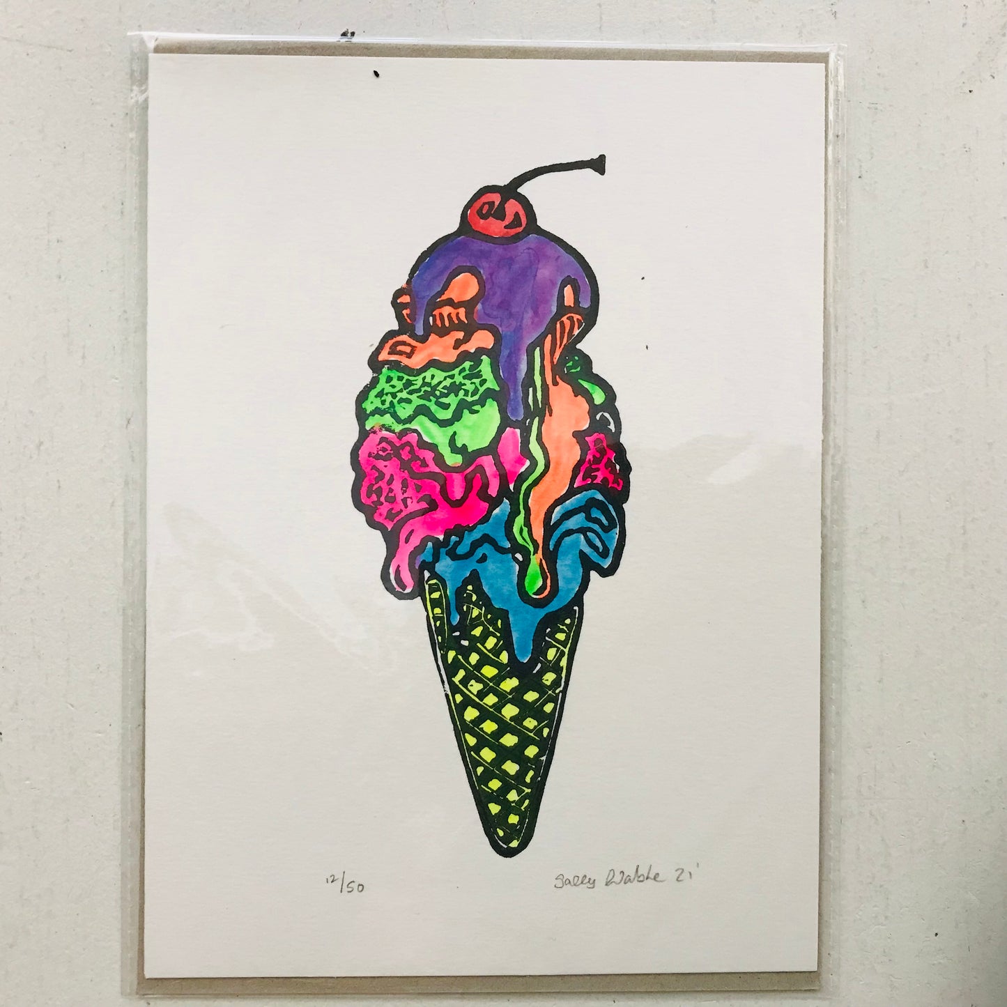 Hand printed & painted original linocut - ICE CREAM (unframed)