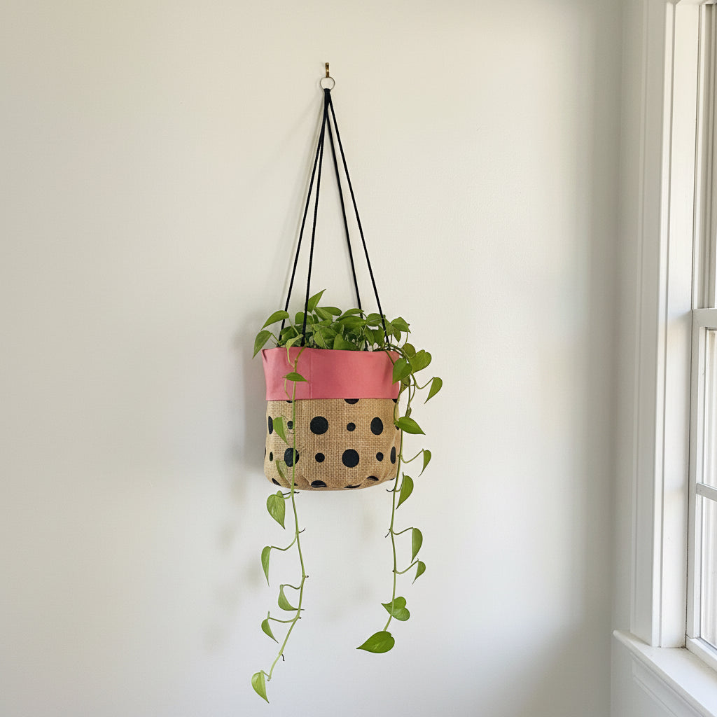 Hanging plant with pink polka dot pot against a white wall