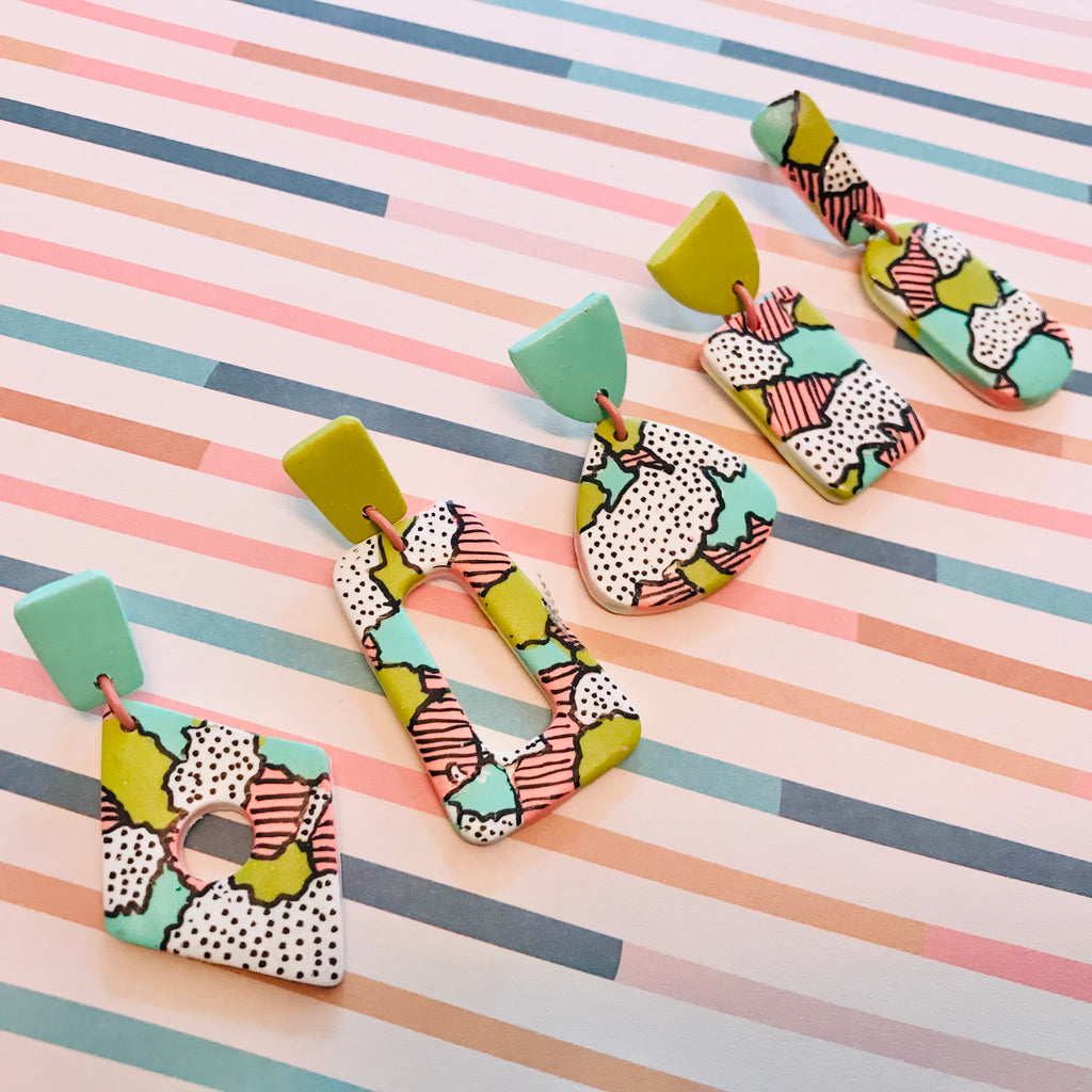 Polymer Clay Handmade Earrings - Orange, Mint & Olive Pop Art