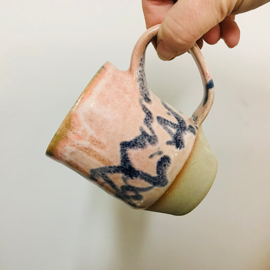Handcrafted Pottery Mug - Tall Pink/Peach & Blue with Peachy Green Interior (260mls)
