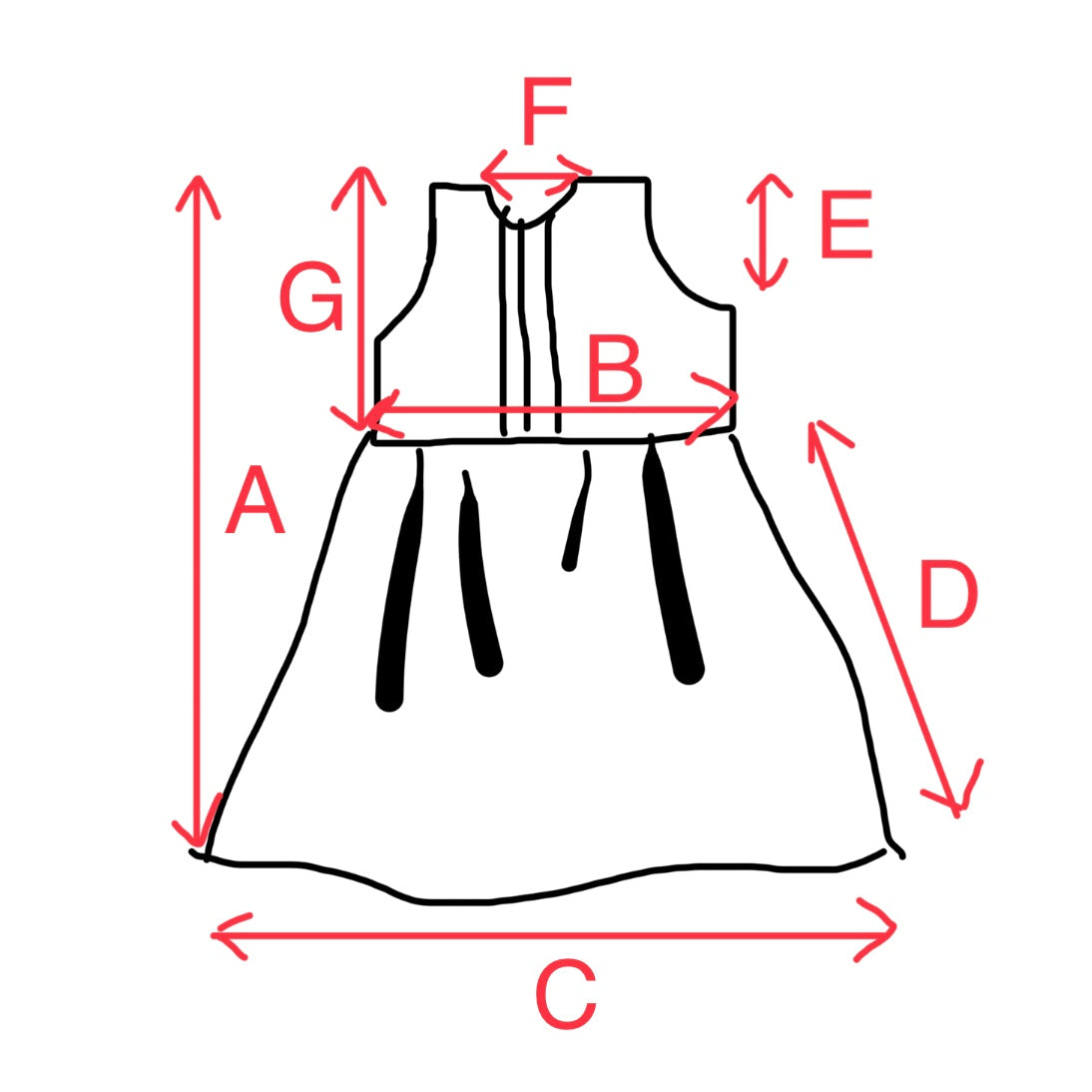 Measurement chart for a dress with labeled dimensions on a white background