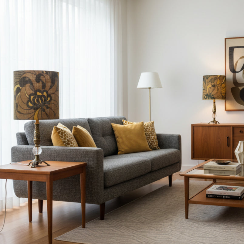 Two vintage-style table lamps with floral-patterned shades in a living room
