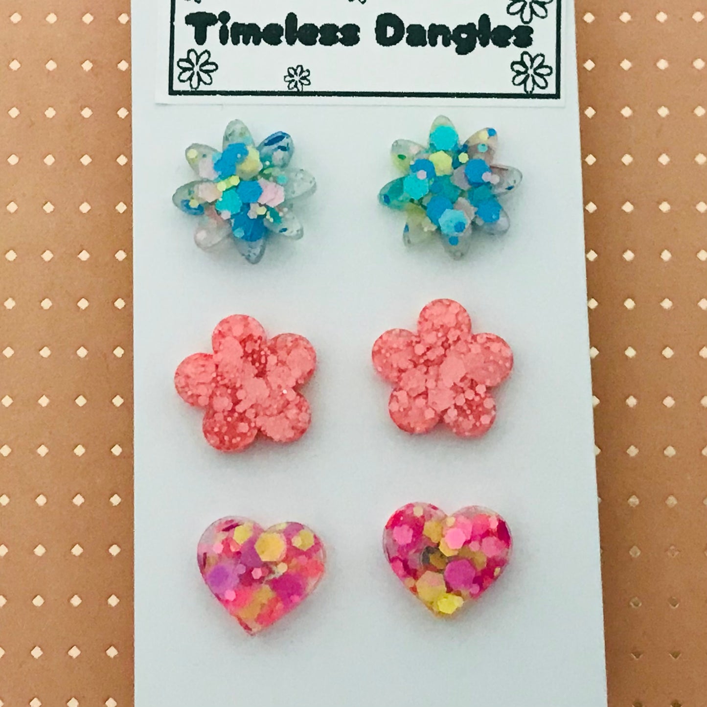 Novelty Resin Sparkle Stud Earrings - triple pack