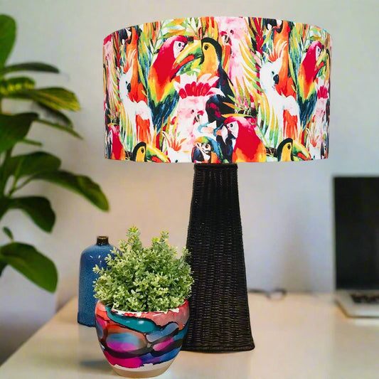 Rainbow Bright Birds Dark Wicker Table Lamp