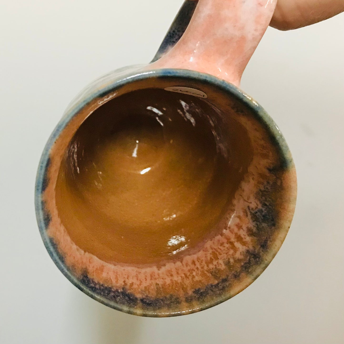 Handcrafted Pottery Mug - Tall Pink/Peach & Blue with Peachy Green Interior (260mls)