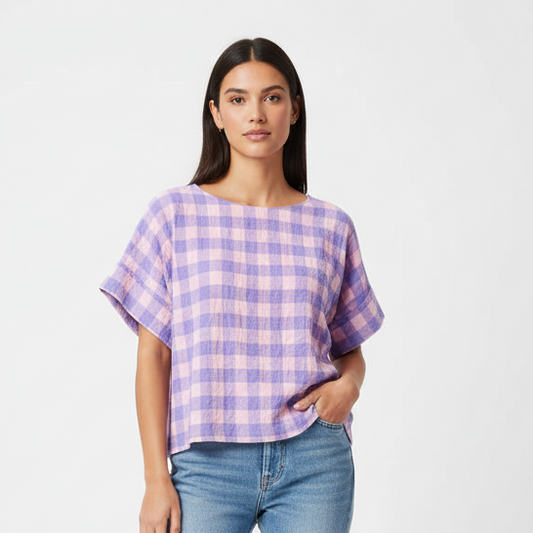 Handmade Women’s Box Top - Pink Purple Gingham (S/M)