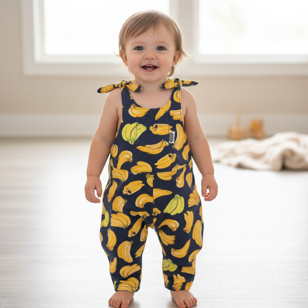 Navy blue romper with yellow banana pattern hanging on a wooden surface