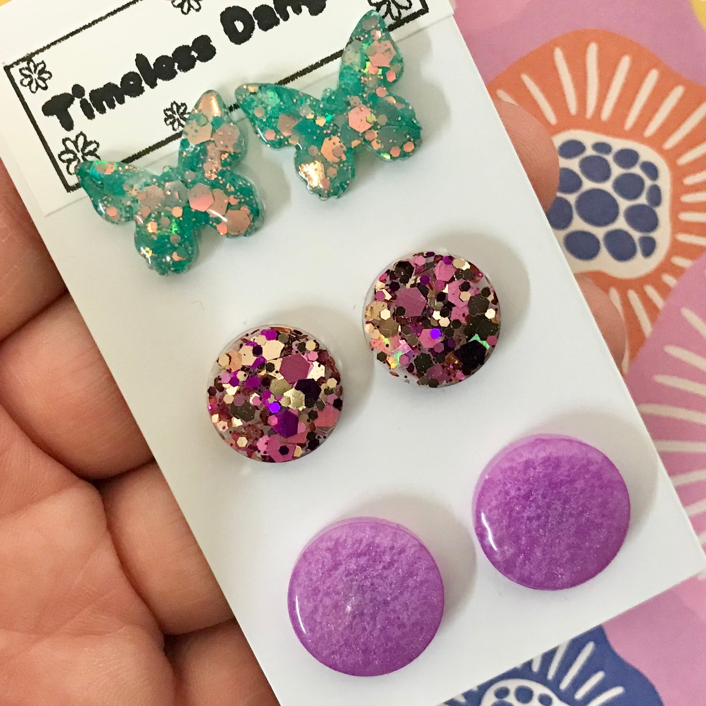 Novelty Resin Sparkle Stud Earrings - triple pack