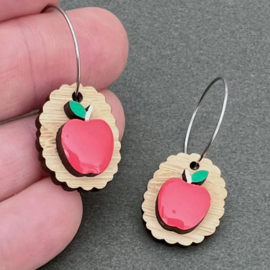 Apple Cameo Handpainted Wood Statement Earrings