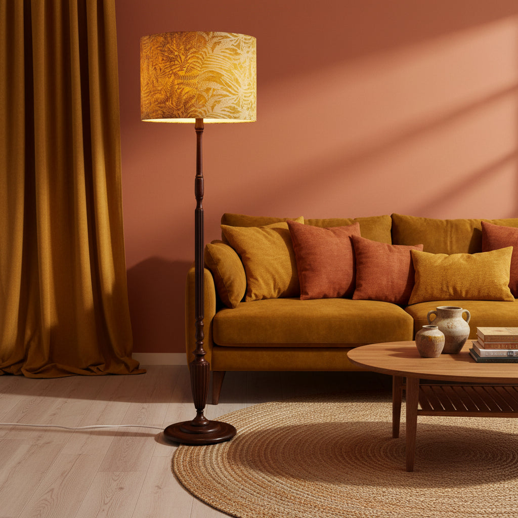 A vintage-style floor lamp with a dark brown turned wood stand and a beige patterned fabric drum shade