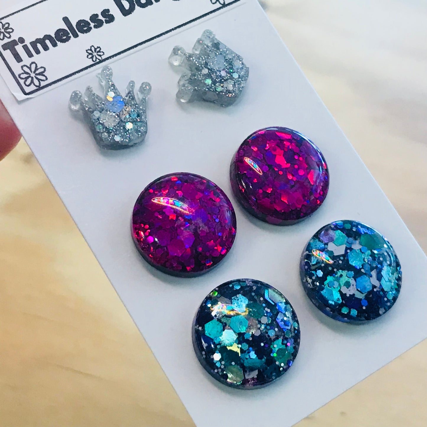 Novelty Resin Sparkle Stud Earrings - triple pack