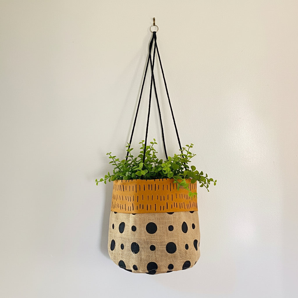 Hanging planter with polka dot design and green plant on a plain background