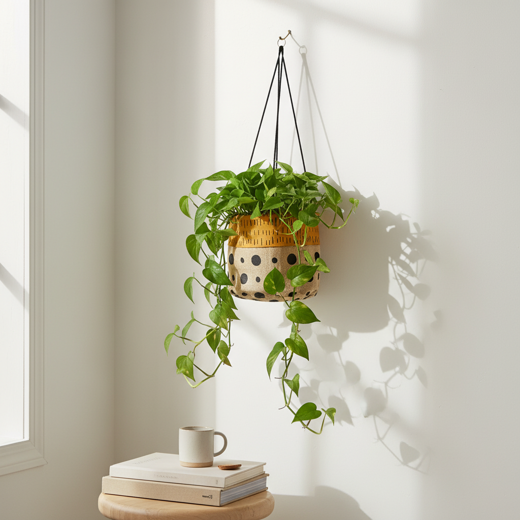 Hanging plant in a polka dot basket with books and a mug on a table by a window.