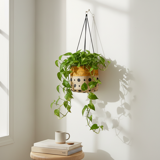 Hanging plant in a polka dot basket with books and a mug on a table by a window.