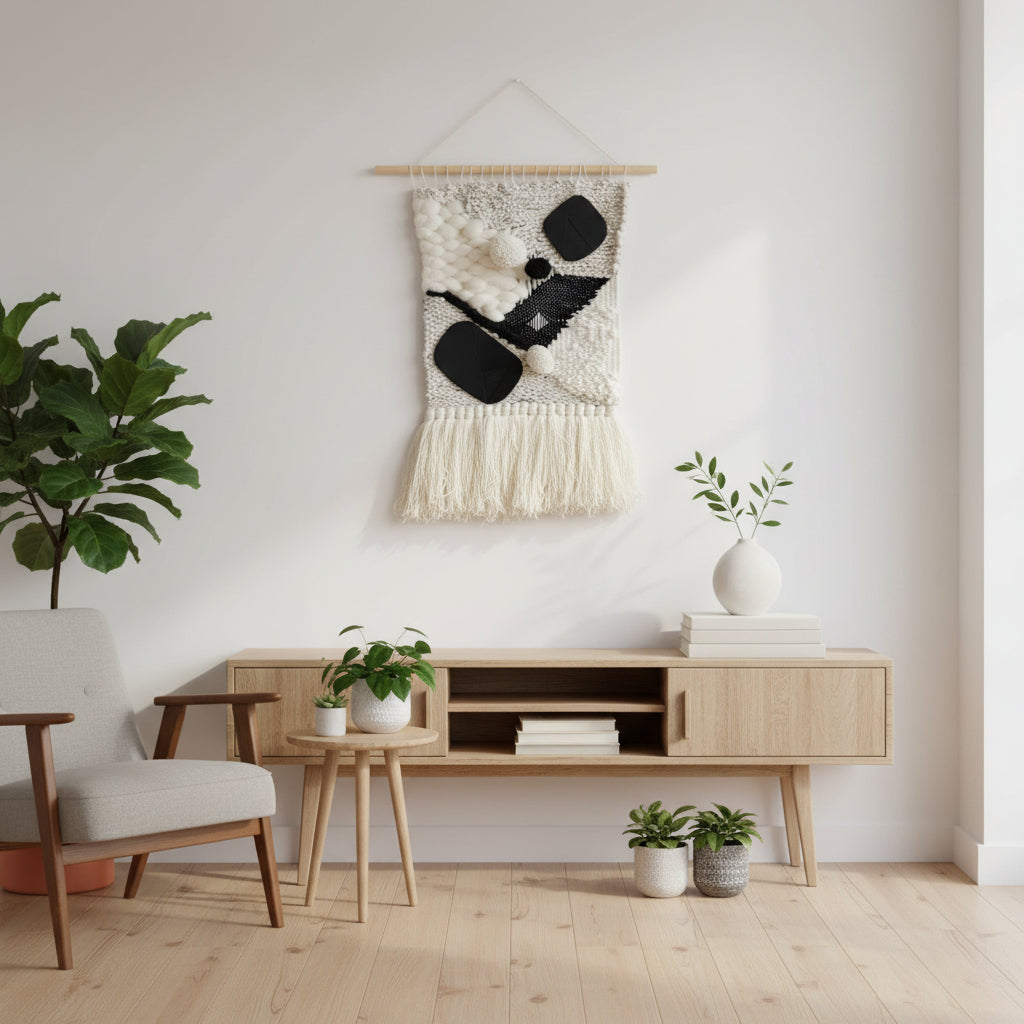 Modern living room with wooden furniture, plants, and a wall hanging.