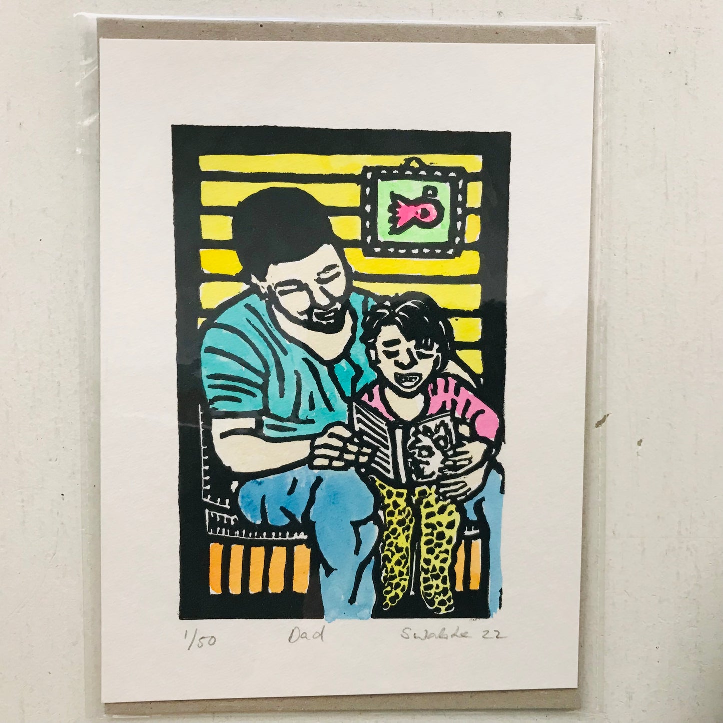 Hand printed & painted original linocut - MY DAD (unframed)