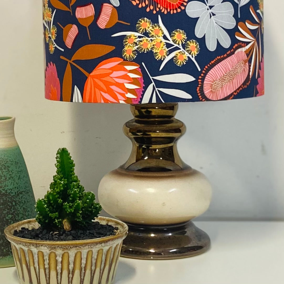 Mid-Century Ellis Era Copper Ceramic Table Lamp With Warm Australian Floral Shade