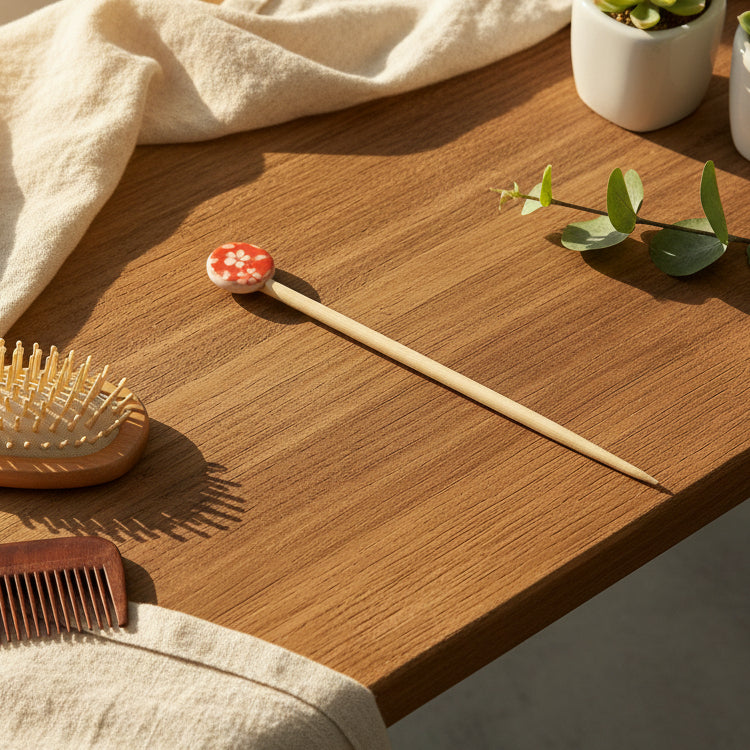 Handpainted Ceramic & Bamboo Hair Pins