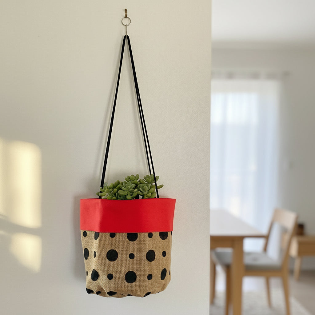 Bag with red top and polka dot pattern on beige background