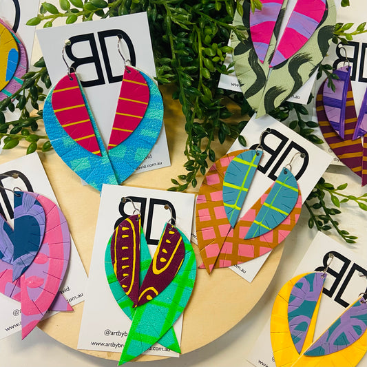 Handmade Painted Leather Earrings - The Double Feather