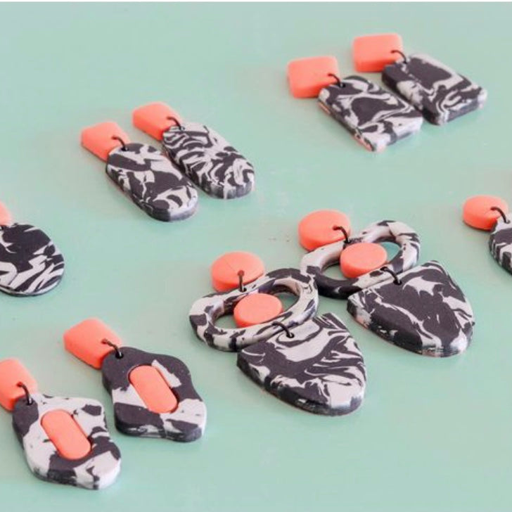 Polymer Clay Handmade Earrings - Black, White & Orange Marble