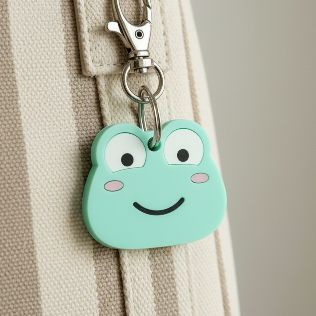 A handcrafted keyring in the shape of a frog with a mint green body, white eyes, and a smiling face, attached to a silver metal clip and ring.