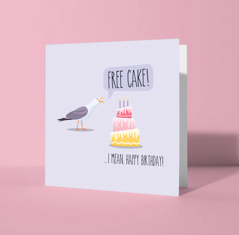 Greeting card with a seagull and birthday cake illustration on a pink background