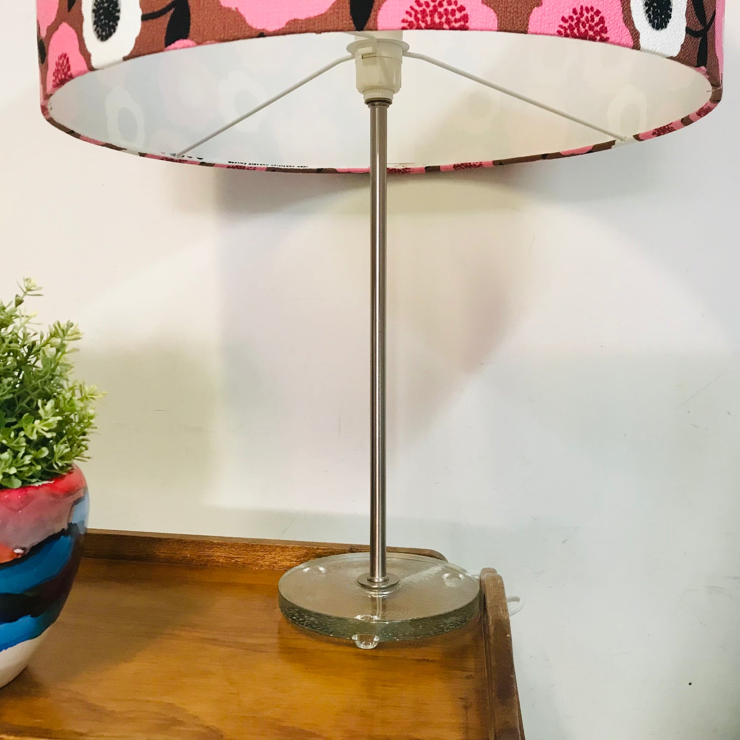 Barkcloth Pink Blooms Table Lamp