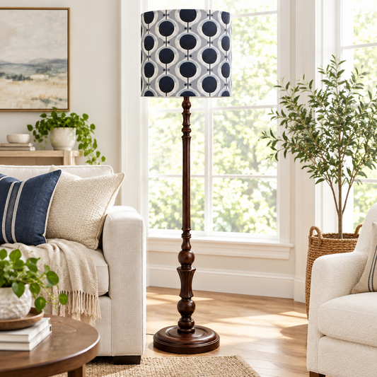 Timber Standard Floor Lamp with Blue Geo Flower Barkcloth Shade