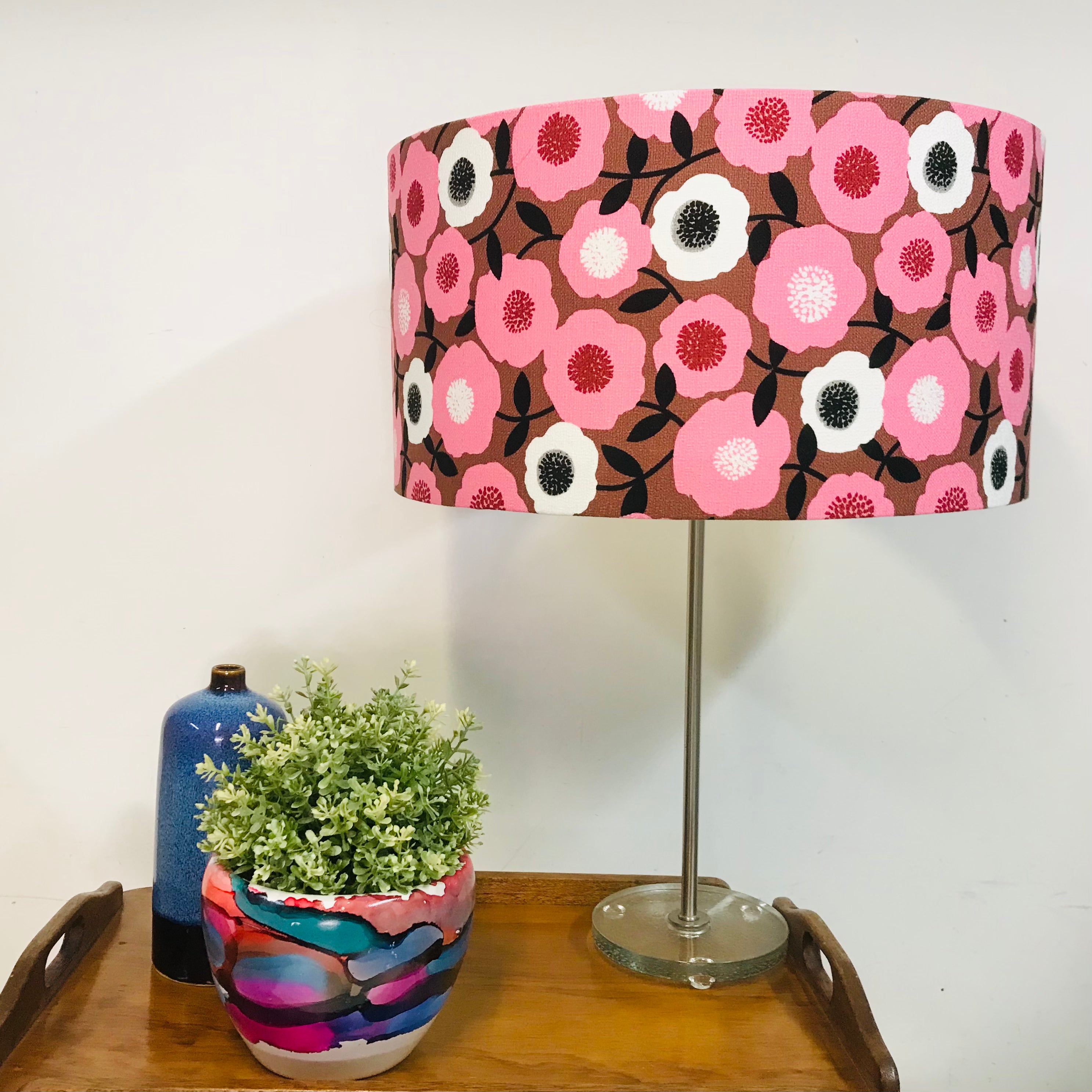 Barkcloth Pink Blooms Table Lamp