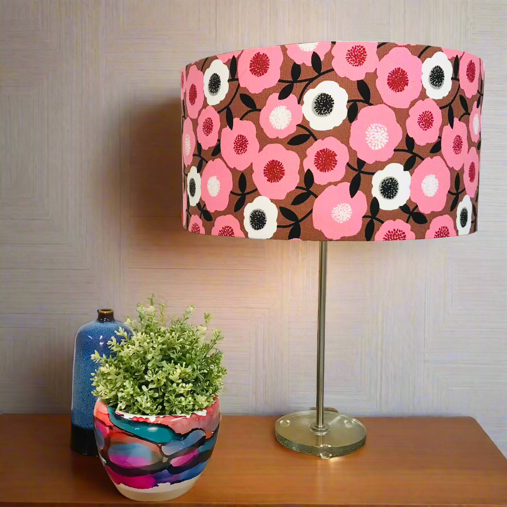 Barkcloth Pink Blooms Table Lamp