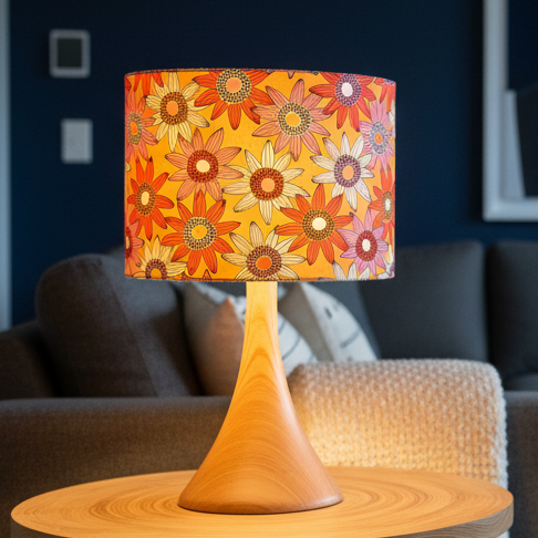 Table lamp with a colorful floral shade on a wooden base in a living room setting.