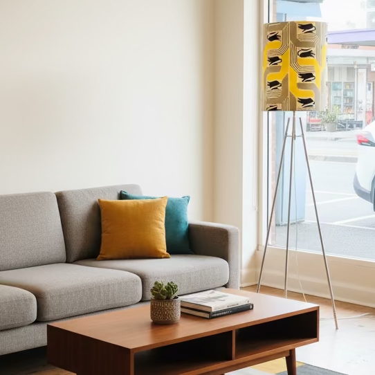 Vintage Barkcloth Chrome Tripod Floor Lamp