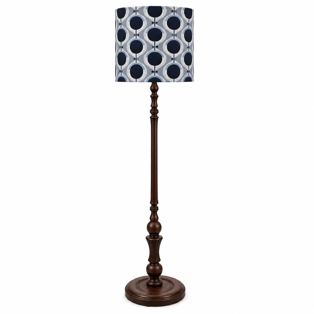 Timber Standard Floor Lamp with Blue Geo Flower Barkcloth Shade