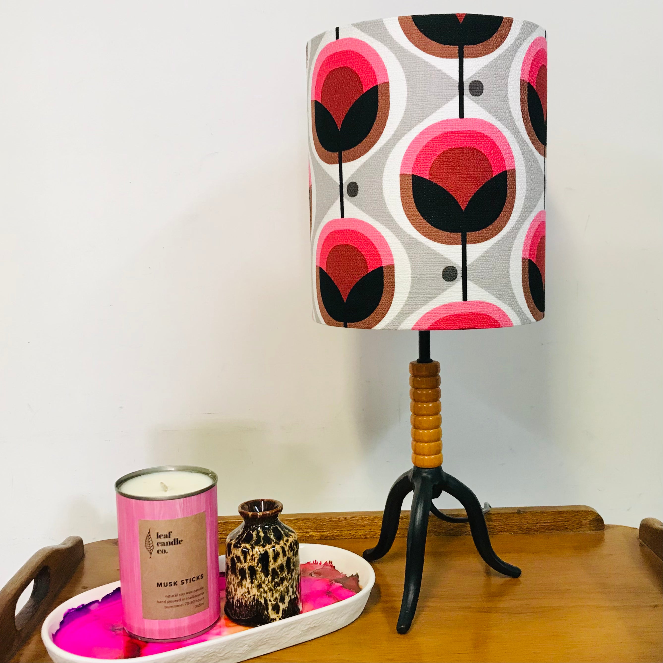 Barkcloth Pink Geo Flower Table Lamp