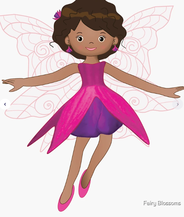 Illustration of a fairy character with pink and purple dress, brown hair, and butterfly wings on a white background.