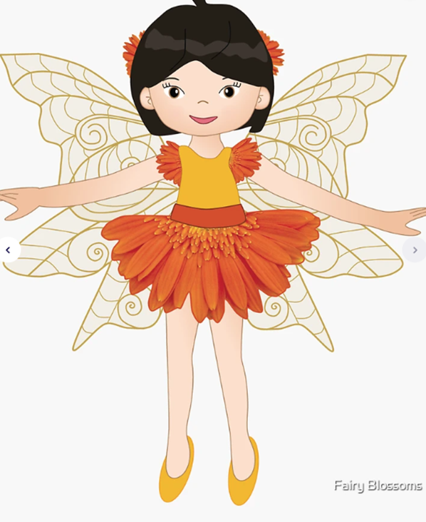 Illustration of a fairy character with orange dress and wings on a white background