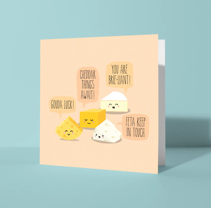 Greeting card with cartoon cheese characters and humorous text on a light blue background