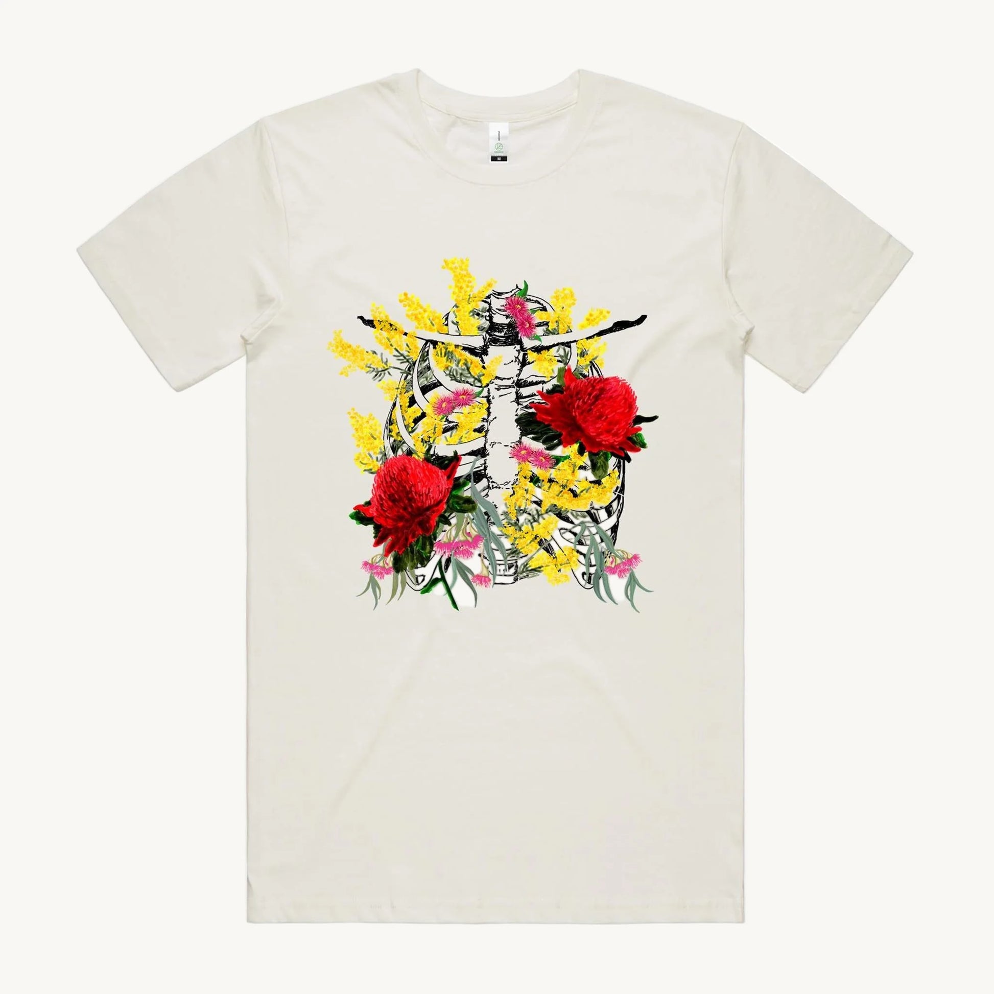 White t-shirt with floral design on a white background