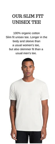 Three people wearing white t-shirts with text describing different fit options.