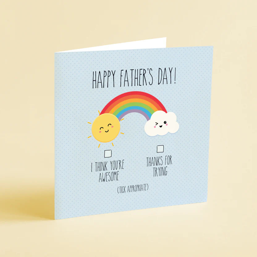 Father's Day card with a rainbow, sun, and cloud on a light blue background